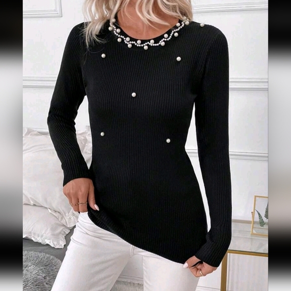 Women's Autumn Pearl Decorated Long Sleeve Slim Fit Elegant Pullover Sweater - Picture 4 of 5